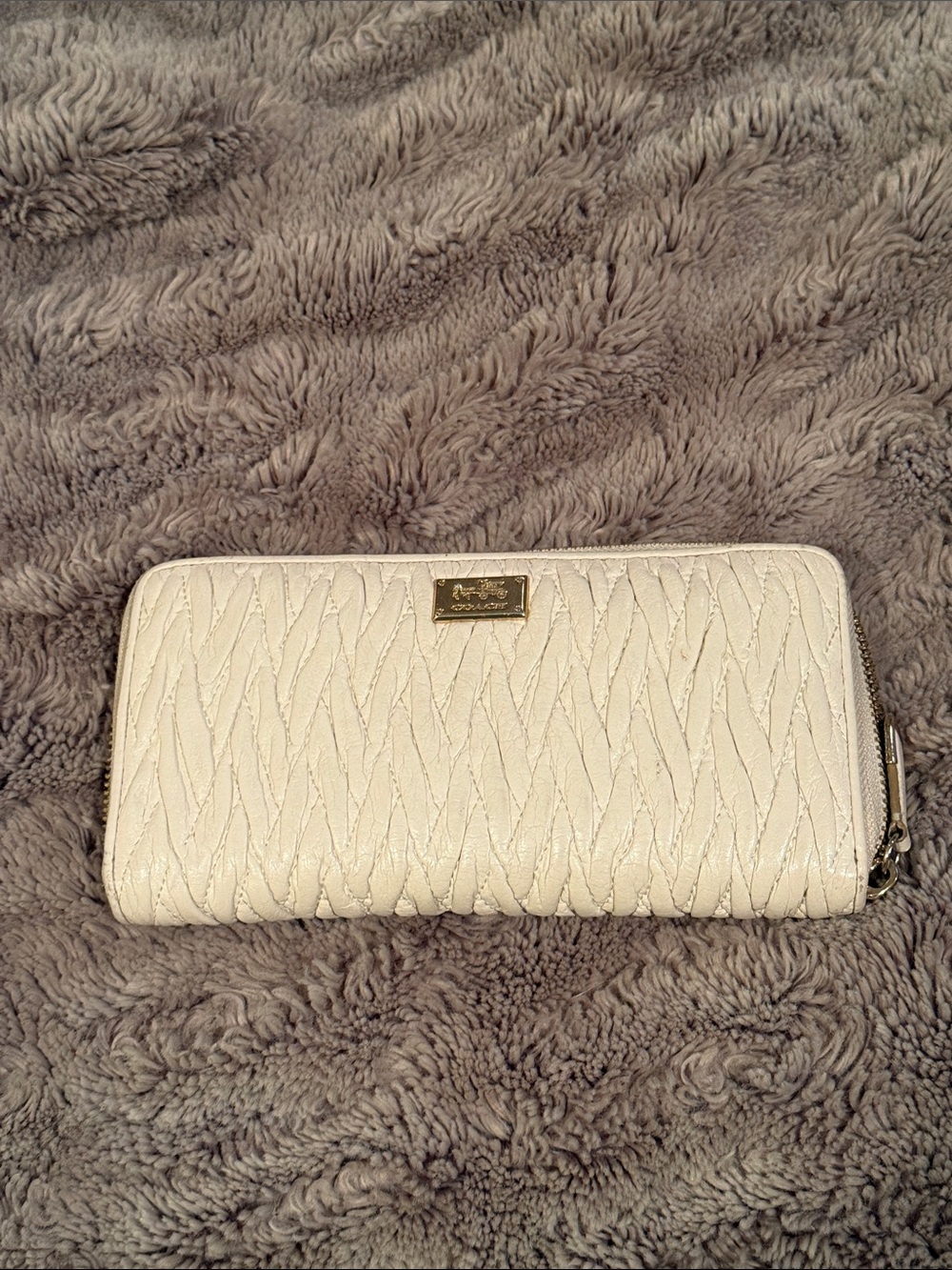 Coach Cream Quilted Zip-Around Wallet with Gold Plaque